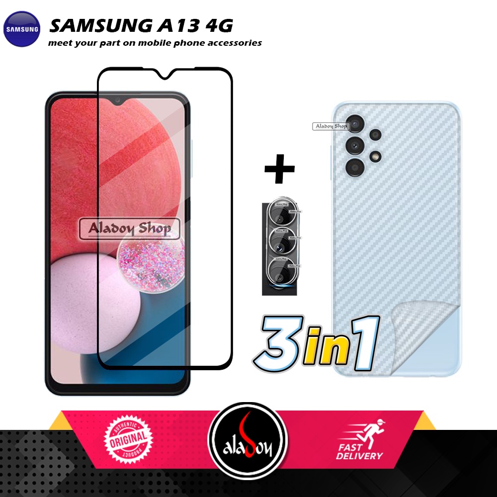 PROMO 3 IN 1 PAKET Tempered Glass SAMSUNG A13 4G Free Tempered Glass Camera dan Skin Carbon