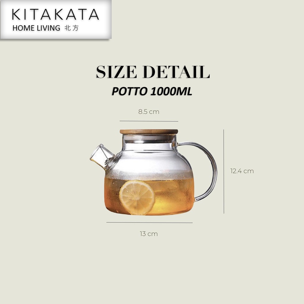 KITAKATA POTTO Teapot Teko Teh air panas kaca dengan tutup kayu anti panas High Borosilicate berkualitas tekko kaca pemanas air kompor aman masak air kaca