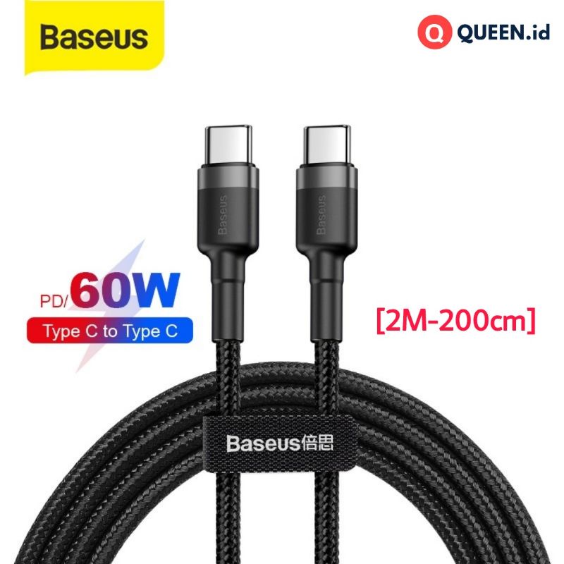 baseus kabel data charger type c to type c 2m pd 200cm 3a 60w power delivery fast charging