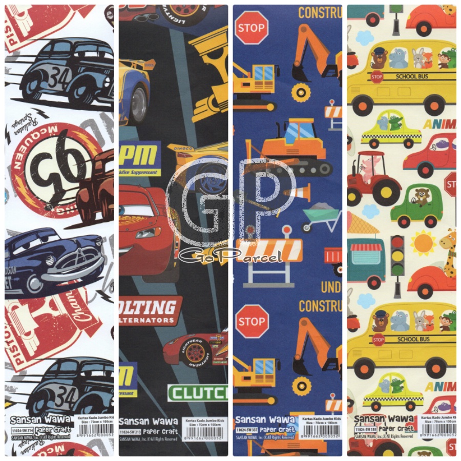 ( 5 Lembar ) JUMBO CARS SANWA - KERTAS KADO - GIFT WRAP PAPER SANSAN WAWA MOBIL MCQUEEN / TRUCKS / EXAVATOR TRUCKS / SOCCER BOYS / BIRTHDAY / ULANG TAHUN / PIRATES / AMBULANCE / POLICE CARS