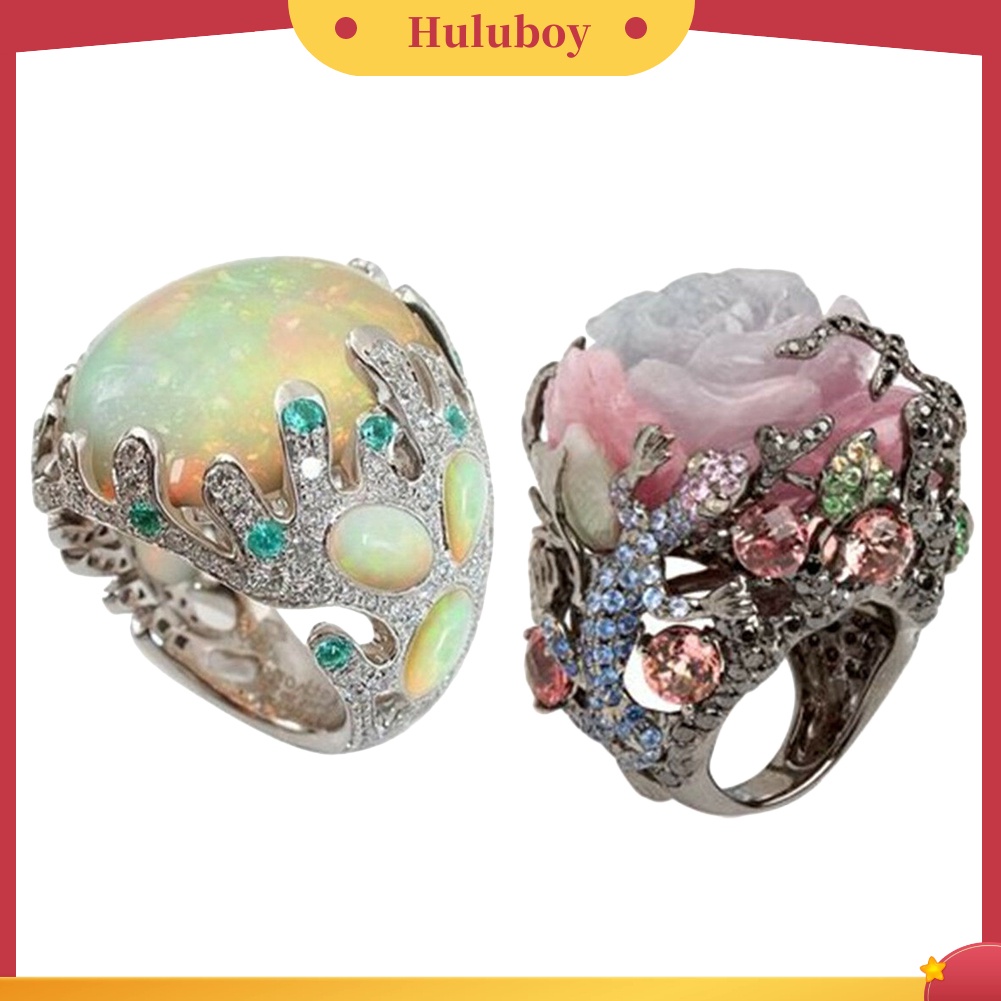 Hu Hu Hu Hu Hu Alat Bantu Pasang Kacamata♡ Cincin Batu Moonstone Imitasi Oval Besar Motif Ukiran Bunga Aneka Warna Untuk Wanita