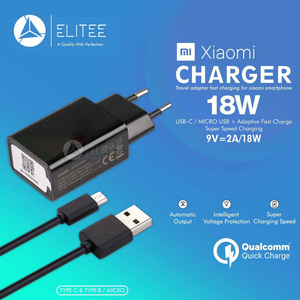 Charger Xiaomi 18W Original Fast Charging 9V 2A Micro Usb &amp; Type C