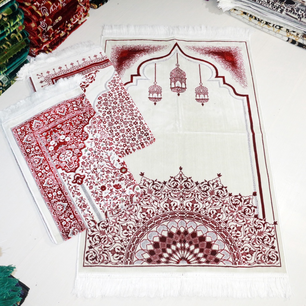 sajadah turki tebal dewasa dasar putih Sajadah bludru premium benang perak uk 70x110 motif  mewah