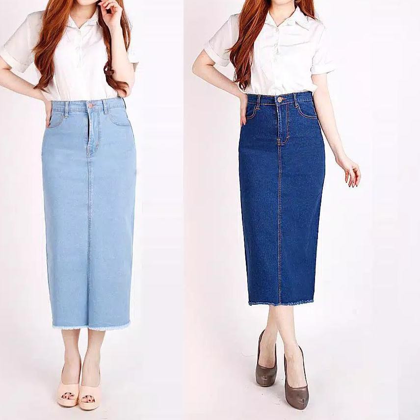 ۝ Rok 7/9 WAnita Rok Panjang Wanita Stretch Rok Denim Rok Impor Wanita ✽