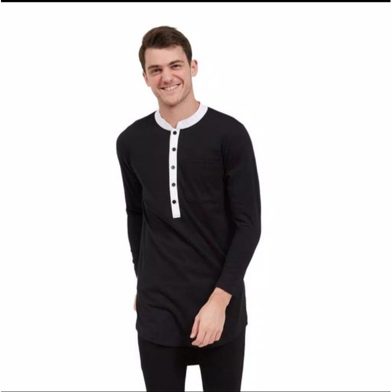 Gamis pria katun combed Koko Modern Pria Atasan Baju Muslim Bahan Kaos Pria Kekinian Warna Hitam Big