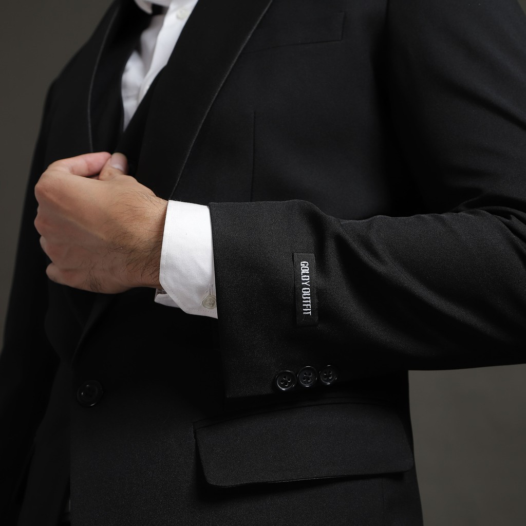 Setelan Jas Celana &amp; Rompi Premium - Hitam Peak Lapel Mengkilap - VENTE SERIES - GOLDY OUTFIT
