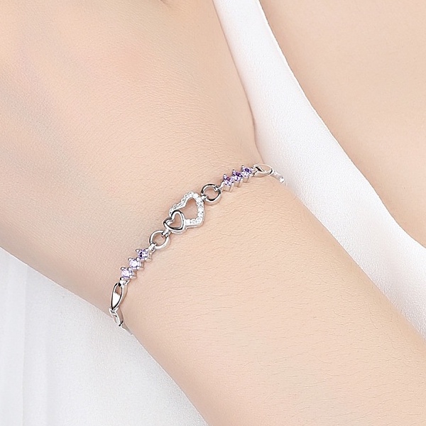 Perhiasan Gelang Berlian 925 Silver Plated Amethyst Bentuk Hati Gaya Korea Untuk Wanita