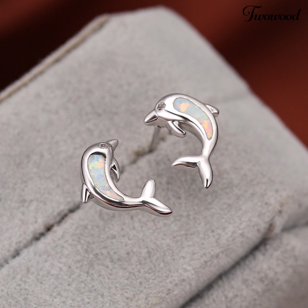 Twowood 1 Pair Lady Ear Studs Dolphin Shape Colored Faux Stone Jewelry Lightweight Cute Animal Stud Earrings for Dating