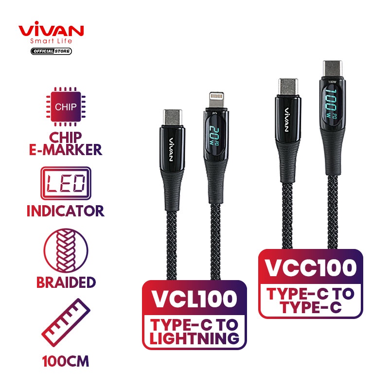 VIVAN Kabel Data Type C To Type C 100W 5A / Type C To Lightning 20W 3A 100cm Fast Charging Smart LED Display VCC100 / VCL100 grs 1th