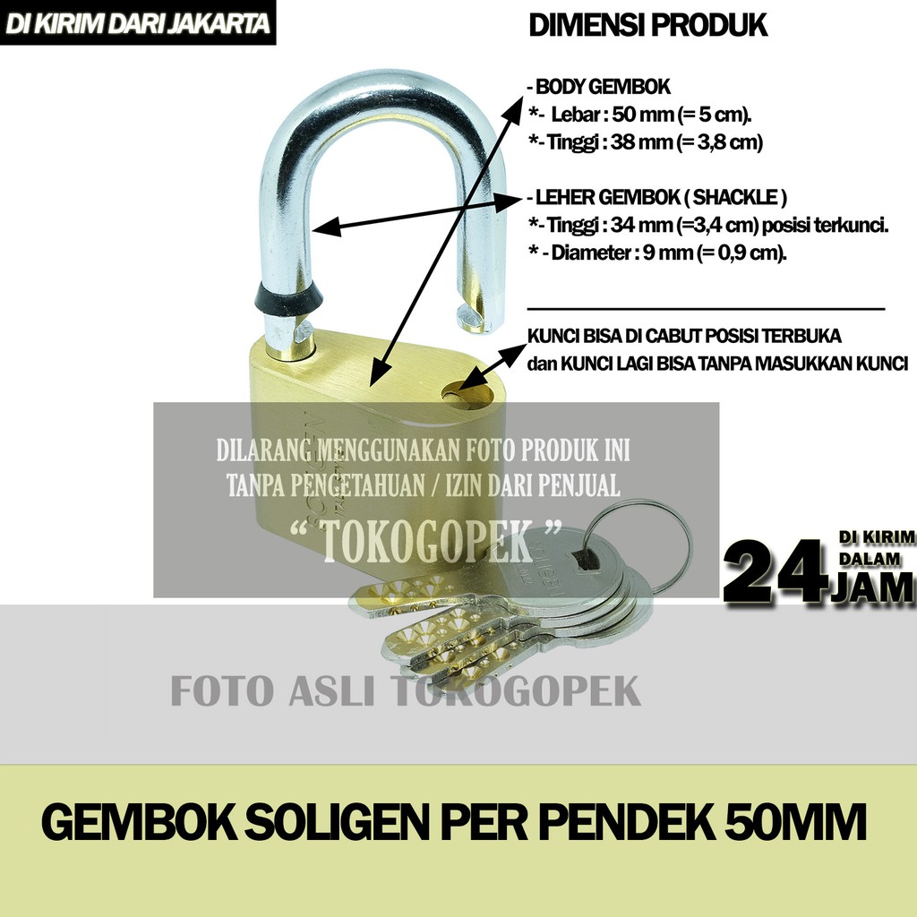 GEMBOK SOLIGEN PER PENDEK 50mm KUNINGAN + 4 COMPUTER KEY