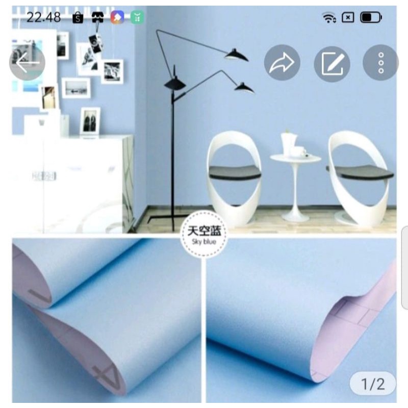 , Wallpaper Sticker Dinding Biru Salju Polos Pastel Mewah