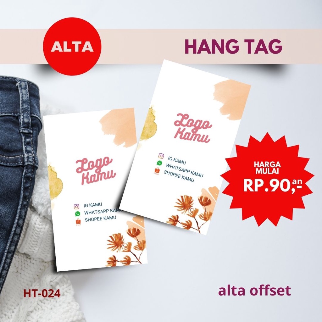 

Hang Tag Baju | Label Baju | Label Produk | Label Merk | Hampers | Bingkisan Kode : HT024 ( Min. Order 130 pcs ukuran 3,5 x 6 cm )