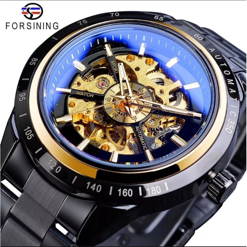 Jam Tangan Forsining Automatic Bisnis Sporty Racing Style Mewah Black Stainless Steel