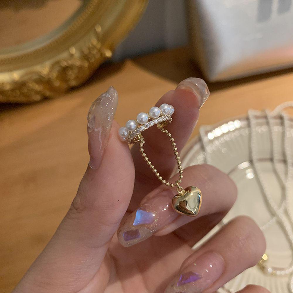 Needway Wanita Klip Telinga Trendi Elegan Mutiara Hati Tergantung Temperamen Zirkon Klip On Anting