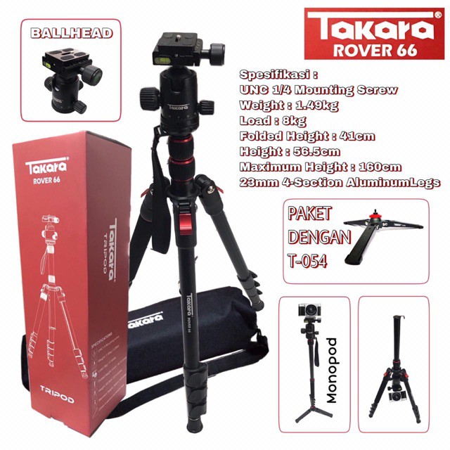 Tripod TAKARA ROVER 66 TRAVEL TRIPOD MONOPOD PAKET PLUS T054 Shopee
