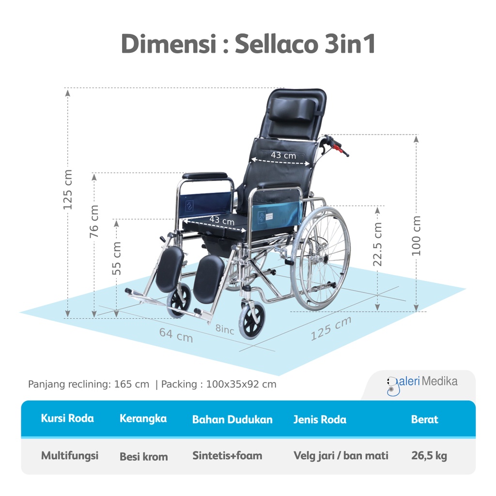 Kursi Roda Sellaco 3in1 Reclining (Rebahan) + BAB - Kursi Roda 3 in 1 (BAB, Kursi Roda, Rebahan)