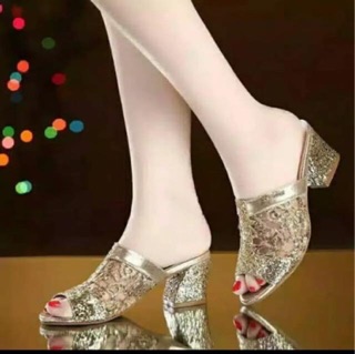 Sendal hak  tinggi  high heels brukat gold sikver sandal  