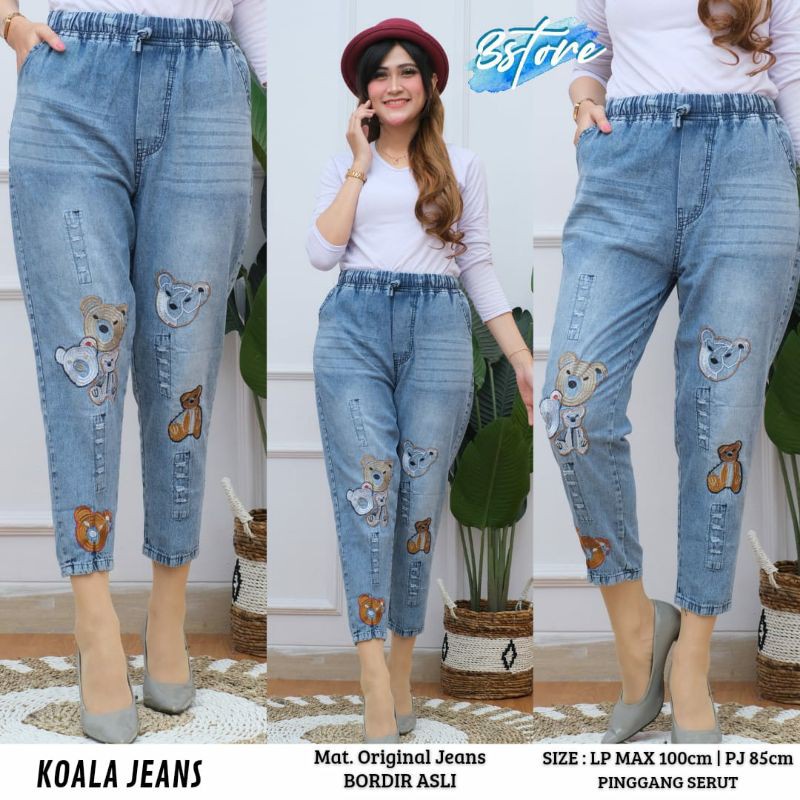 CELANA JEANS WANITA KEKINIAN BORDIR KOALA SELLA BAGGY PANTS KOREA