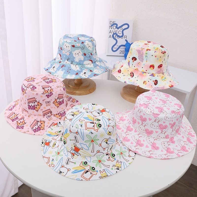 3 4 5 tahun Topi Bucket Anak Import Unisex Motif Pastel Tali Serut dan Tali Dagu