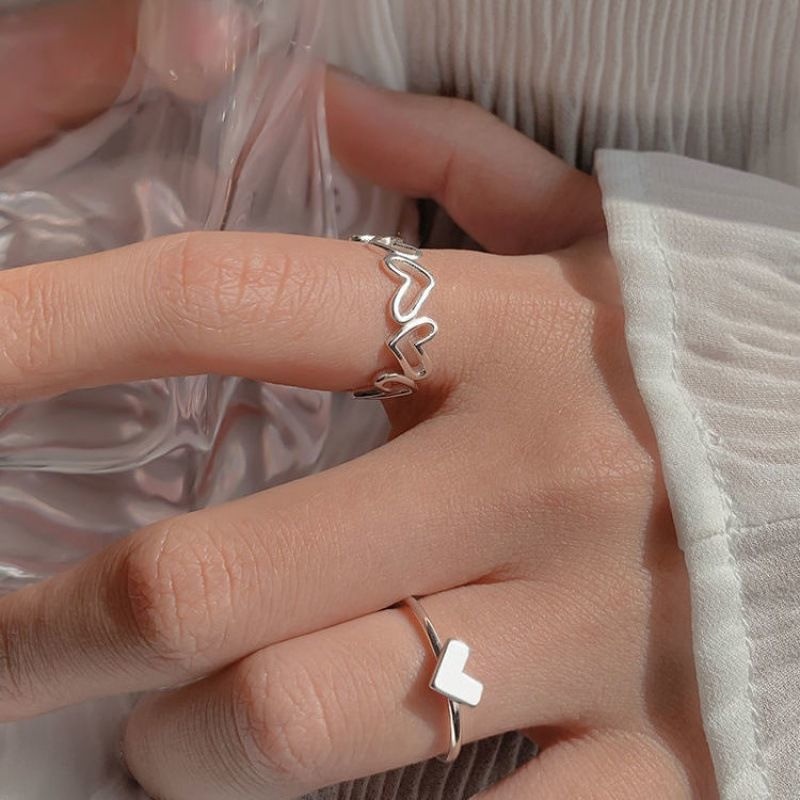 Papaozhu 2PCs Korea Perak Berongga Hati Ke Hati Cincin Set Untuk Wanita Adjustable Geometris Jari Manset Perhiasan