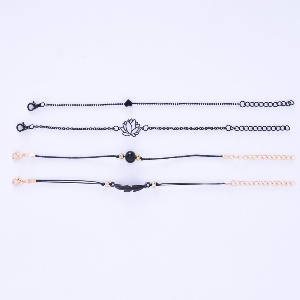 4 Pieces / Set Fashion Simple Black Pearl Love Leaf Lotus Bracelet / Fashion Braided Handmade Bangles