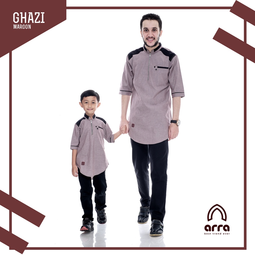 Baju Koko Couple Ayah Dan Anak Lengan Pendek GHAZI Original Bahan Oxford Denim Material Premium Halu