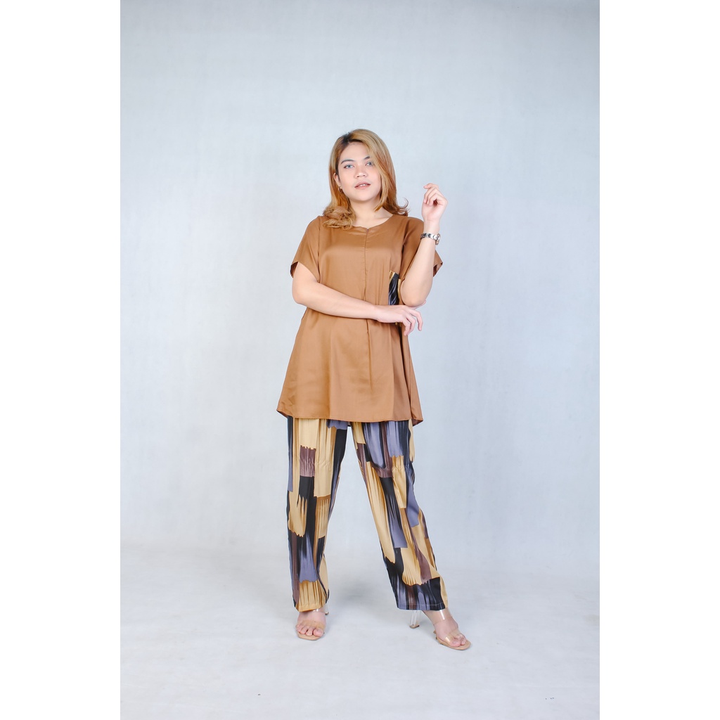 Setelan Piyama Babydoll Lengan Pendek Kekinian Baju Tidur One Set Rayon Premium Wanita Dewasa Busui-Brown Wood