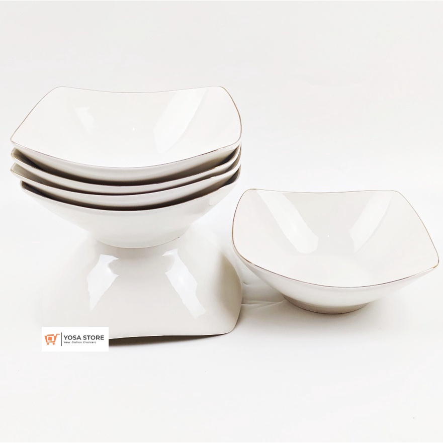 MANGKOK Keramik Segi Empat Putih Polos - 6 Pcs