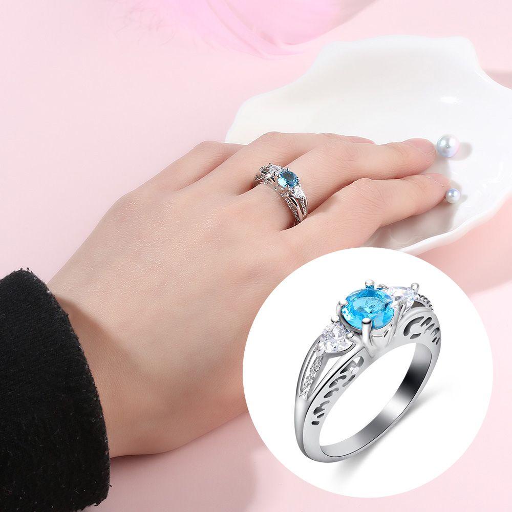 R-FLOWER Aquamarine Ring Fashion Engagement Jewelry Sterling Silver