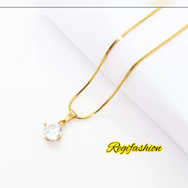 Kalung titanium liontin permata bulat gold fashion wanita terlaris anti karat tidak luntur