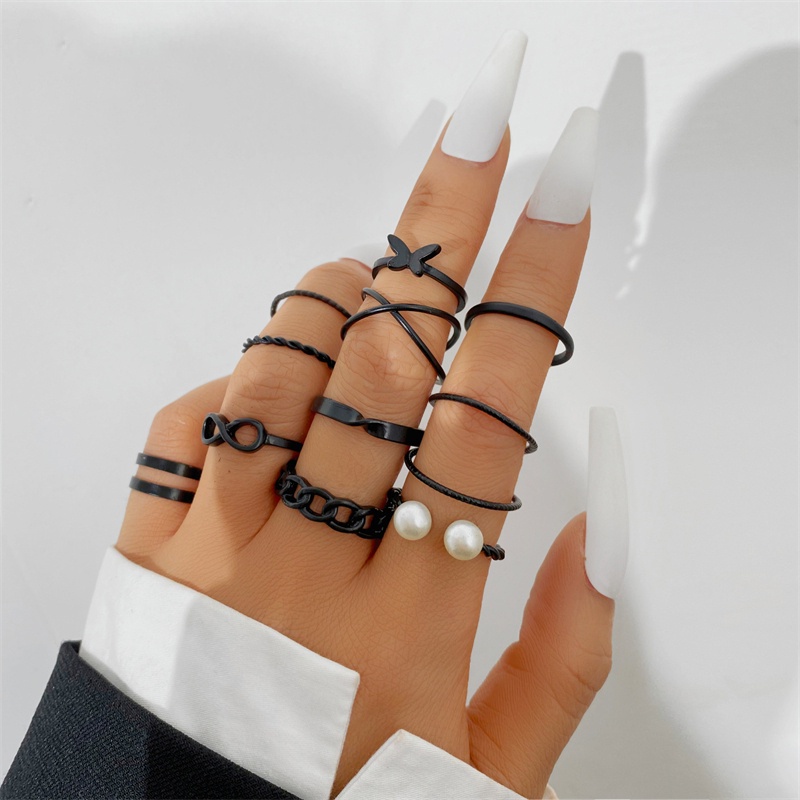 AY(CN) Set Cincin Desain Kupu-Kupu Hati Kristal Mutiara Warna Hitam Gaya Retro Untuk Aksesoris Perhiasan