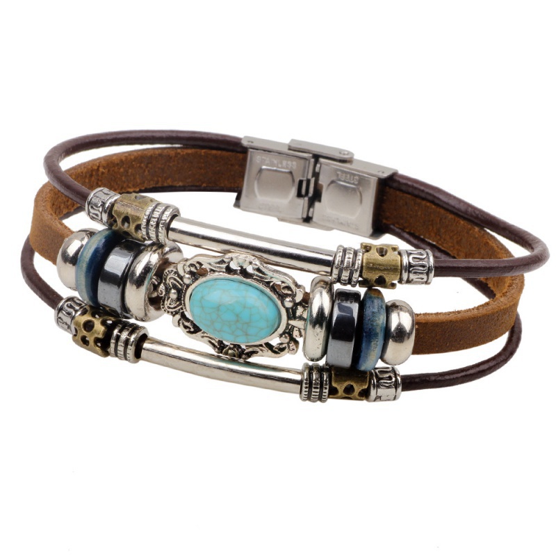 Gelang Manik-Manik Turquoise Bahan Stainless Steel Gaya Retro Untuk Pria Dan Wanita