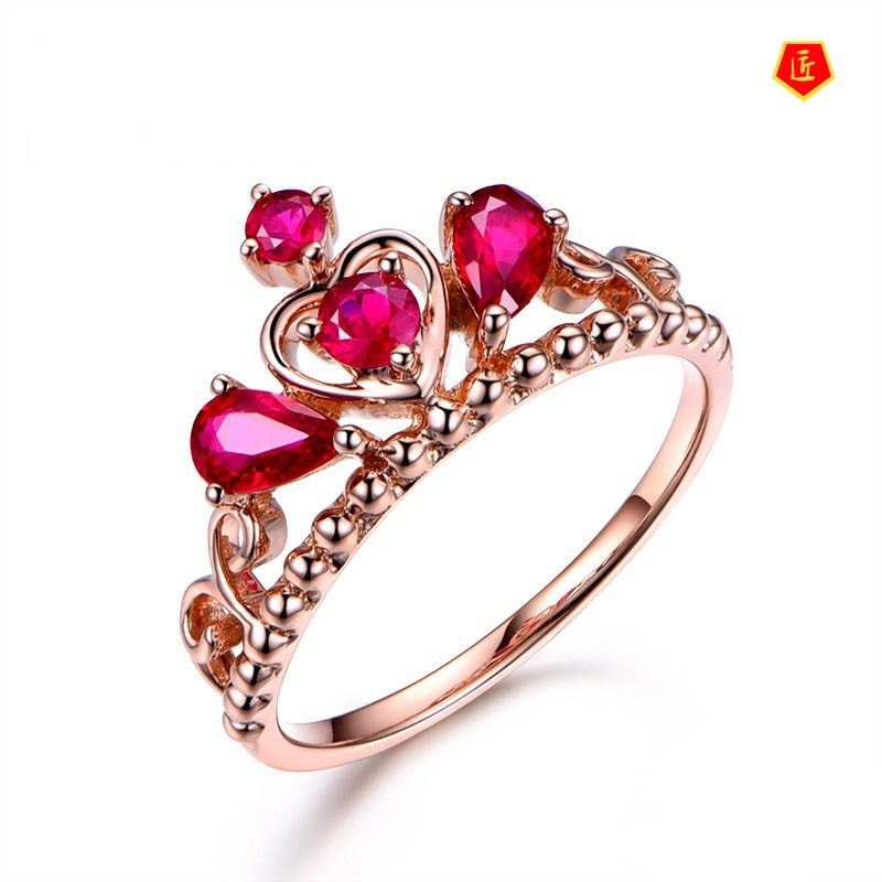 [Ready Stock]Elegant Personality 18K Gold Ruby Crown Ring