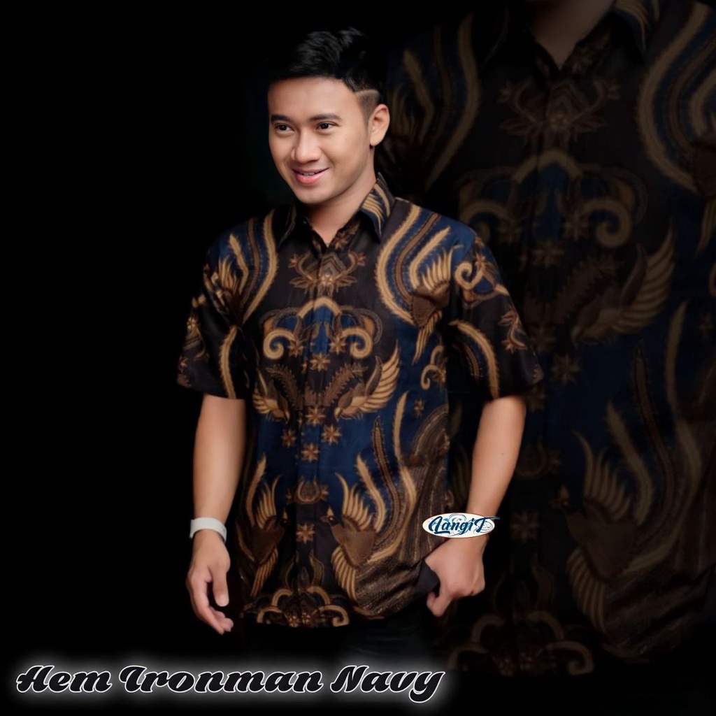 Batik Pria Lengan Pendek  BATIK MURAH HRB026 motif TERBARU 2021 Kode 002 size M L XL XXL BIG SIZE 3L 4L 5L 6L Reguler Fit-HEM IRONMAN NAVY
