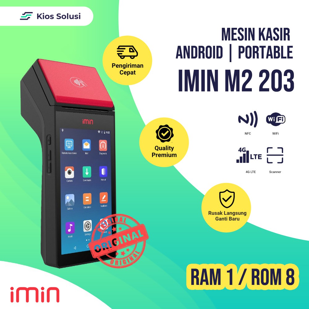 Mesin POS Printer Thermal Portable Mesin Kasir iMin M2 203 RAM 1GB/ ROM 8GB 4G LTE