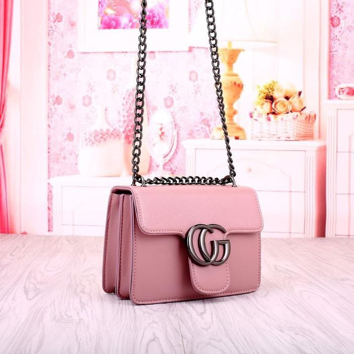 Tas Sling Bag Wanita Jalan Jalan Tali Rantai  Pink EL210911