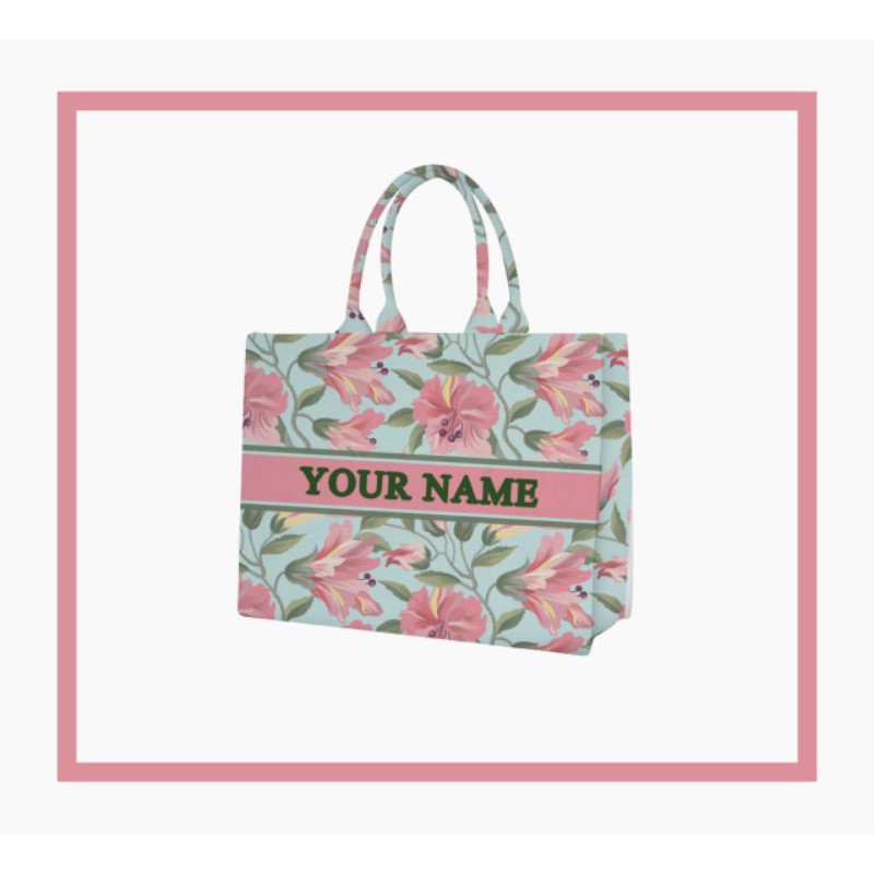 Tas Custom Print Motif Bunga Pink Warna Dasar Mint