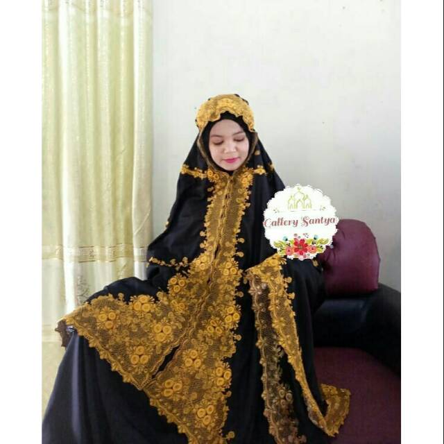 Mukena bordir mukena KD mukena motif bunga matahari timbul hitam gold mewah