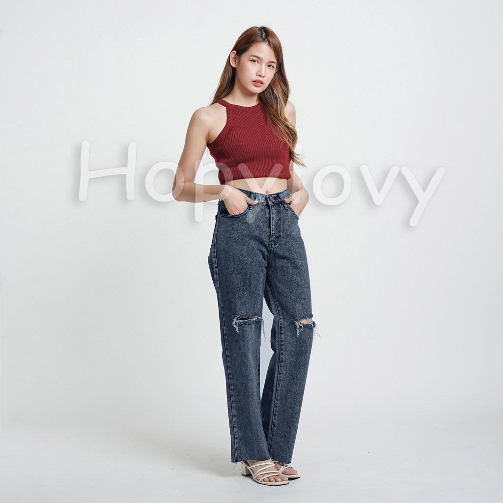 HOPYLOVY - Celana Highwaist Boyfriend Loose Jeans Wanita BF Sobek Unfinished Nediva