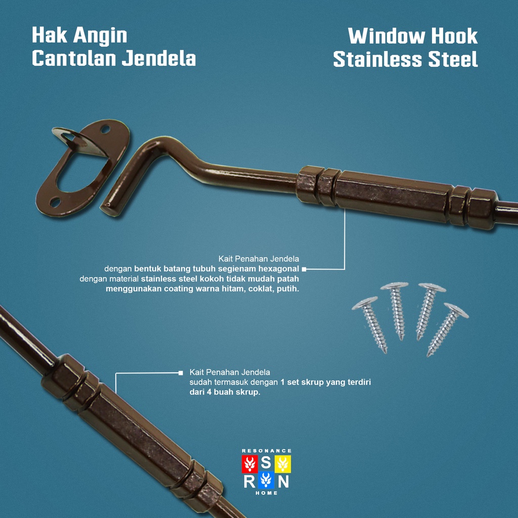 Hak Angin Segi Coating Cokelat / Cantolan Penahan Jendela 8 Inch / 20cm Window Hook Resonance Home