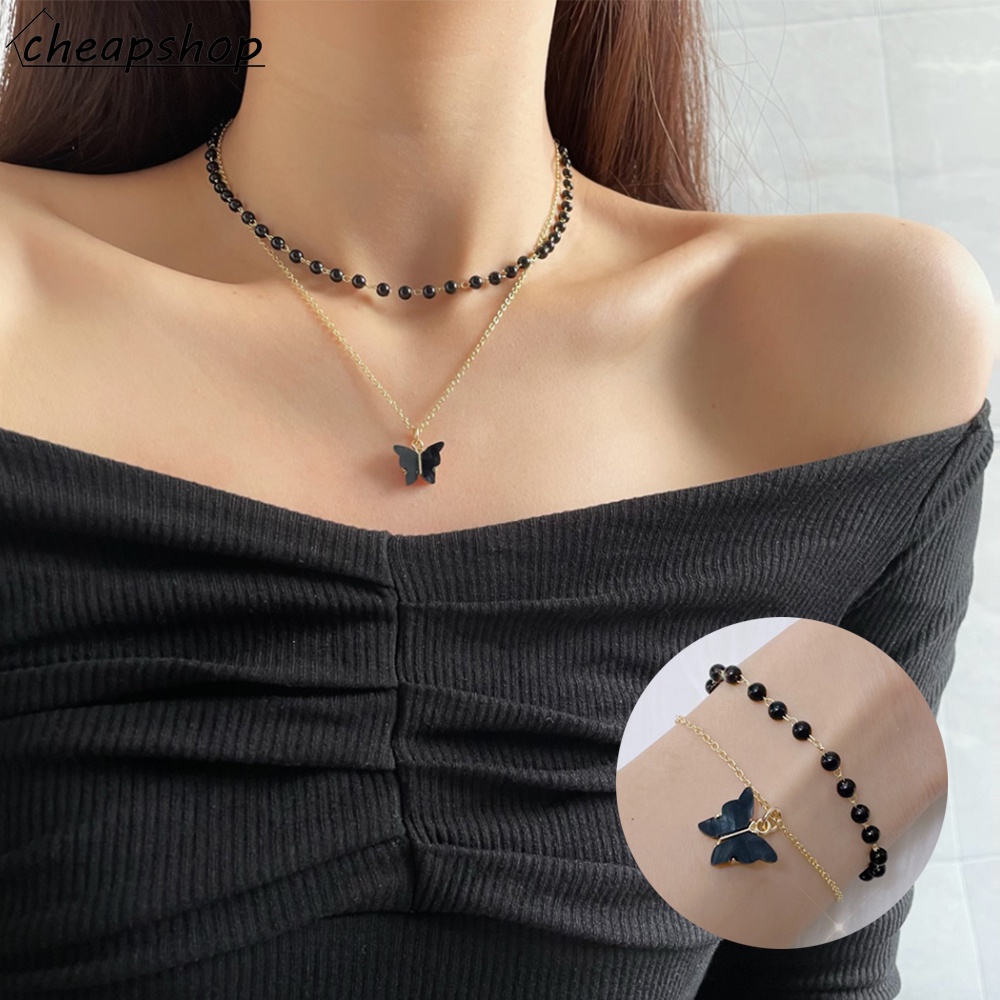IFYOU Perhiasan Kalung Choker Gelang Mutiara Ganda Desain Kupu-Kupu Warna Hitam Gaya Vintage Untuk Wanita