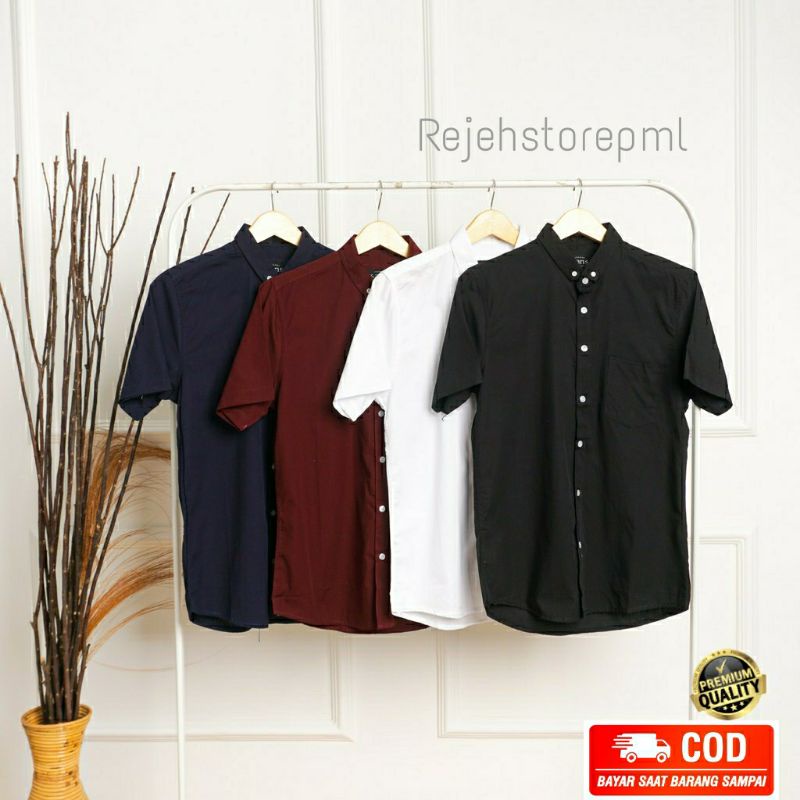 REJEHSTOREPML - Kemeja Polos Katun Lengan Pendek Kasual Pria Dewasa Kekinian Size L XL