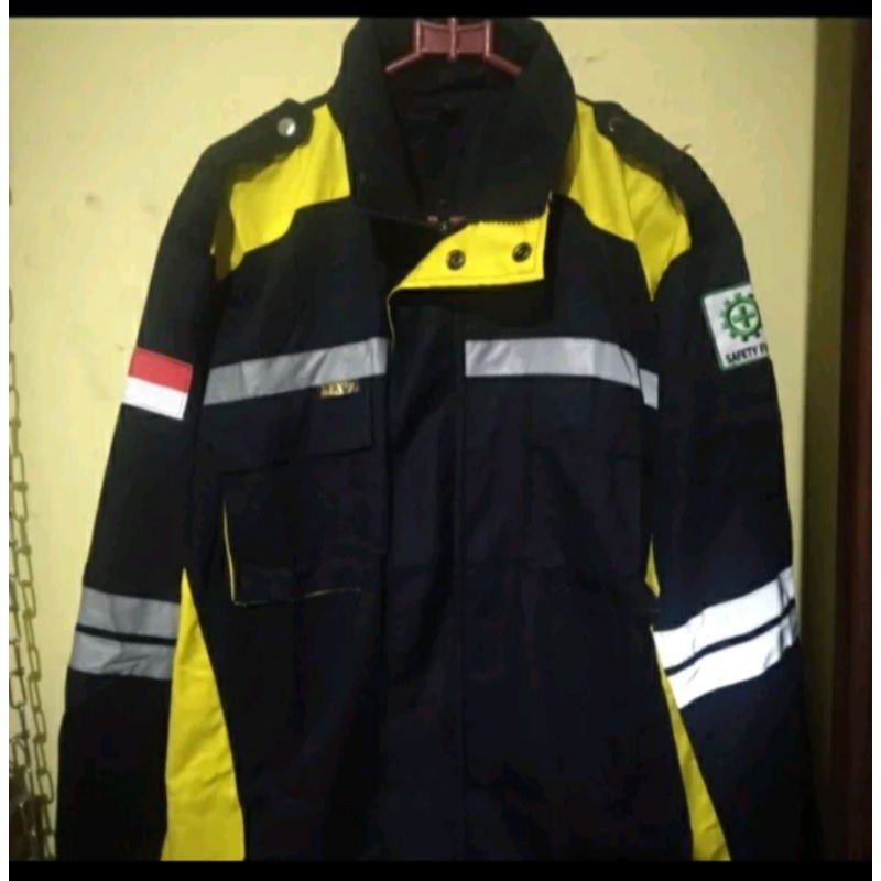 SEMI JAKET BAJU SAFETY KUNING NAVY BERLOGO K3 BENDERA KAIN DRILL WEARPACK ATASAN