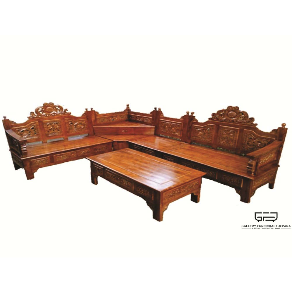 jual kursi tamu sudut mahkota kayu jati - natural | shopee indonesia