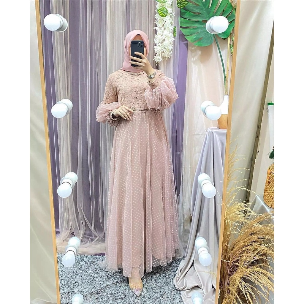 Kamila Gamis Brukat Terbaru 2022 Mewah Jumbo Bahan Moscrepe mix Tulle Ukuran M-XXL