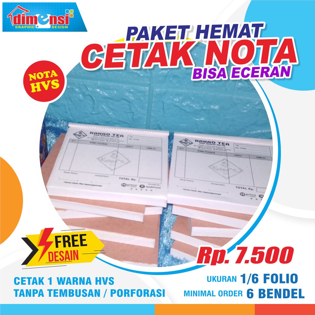 

(MINIMAL 6 BENDEL) Cetak Nota Bon / Invoice Tanpa Rangkap / Nota HVS Uk. 1/6 Folio