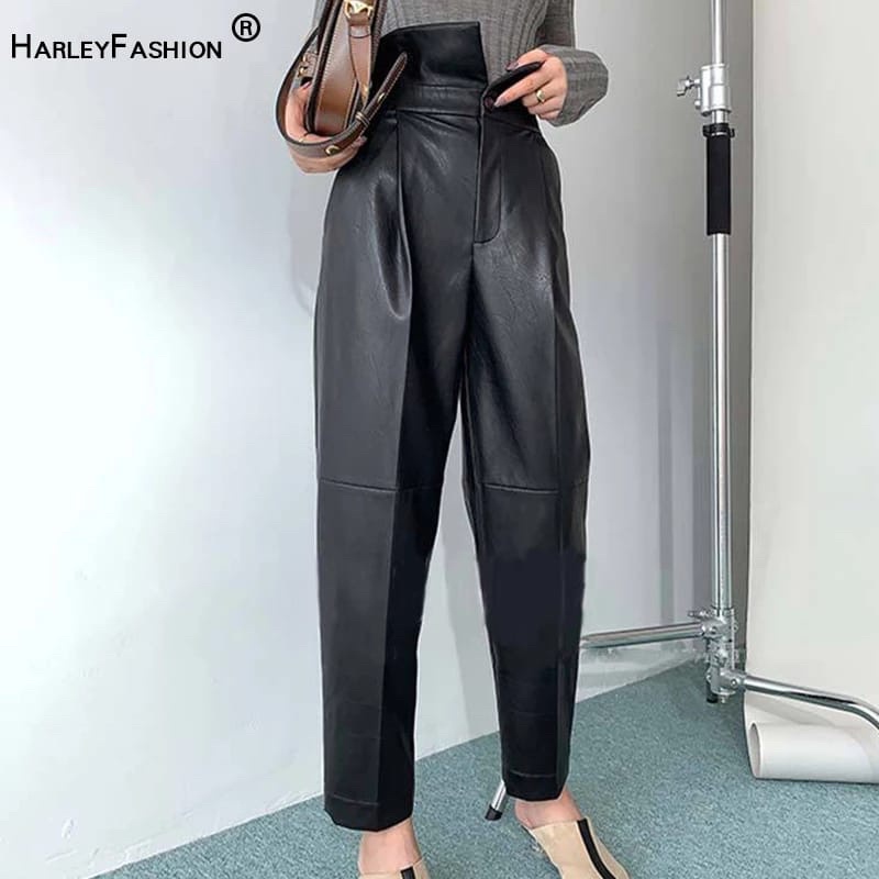 Celana Kulit Wanita / Leather Pants folding collar waist