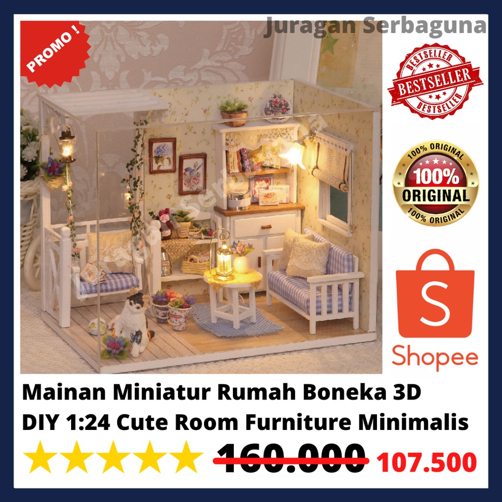 Mainan Miniatur Rumah Boneka 3D DIY 1:24 Cute Room Furniture Minimalis