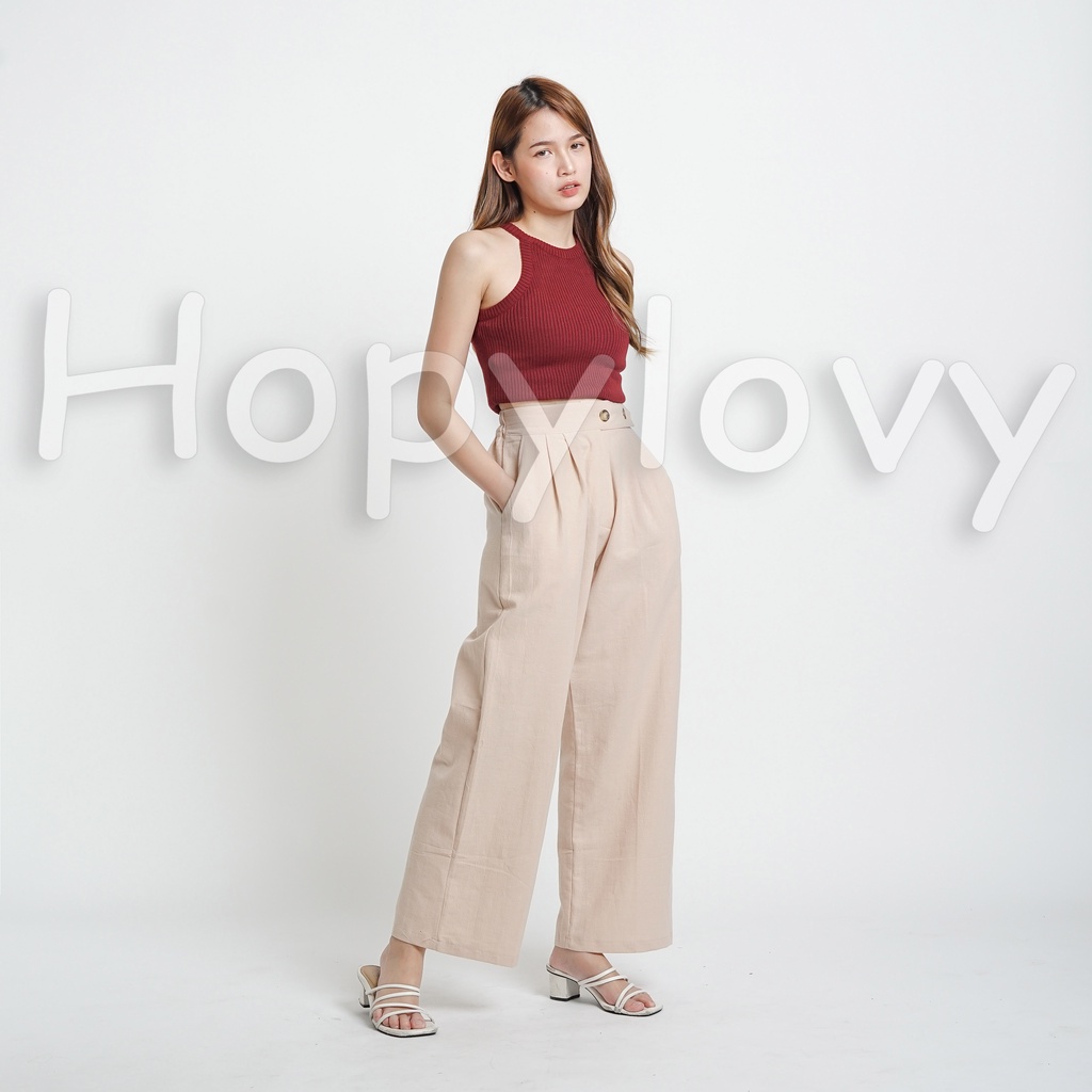 HOPYLOVY Celana Kulot Wanita | Katun Linen Double Button Jemima / Celana Panjang Wanita Polos