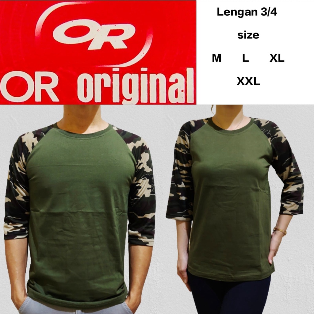 Kaos Raglan Pria Wanita Army lengan Loreng Lengan 3/4 size M L XL XXL